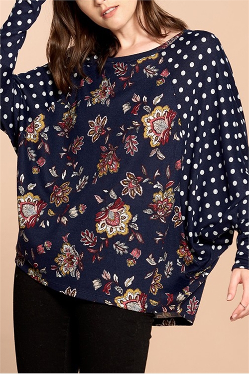 C38-A-3-T63215-NAVY FLORAL POLKA DOT DOLMAN SLEEVE TOP 3-3 (NOW $3.00 ONLY!)