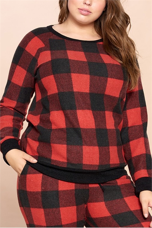 C42-A-2-T63253X-BLACK RED PLUS SIZE LONG SLEEVE PLAID TOP 2-2-2 (NOW $4.75 ONLY!)