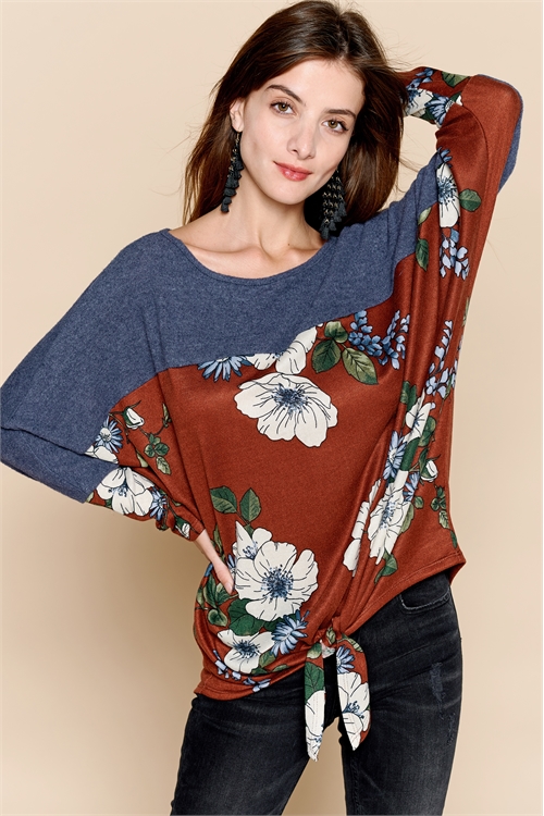 C48-A-1-T62711X-NAVY BROWN PLUS SIZE DOLMAN SLEEVE FLORAL TOP 2-2-0