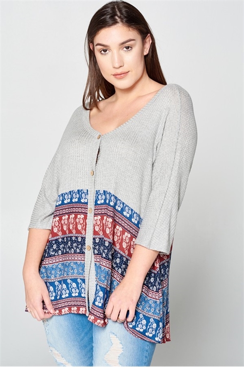 C46-A-2-T62814X-GREY NAVY PLUS SIZE PRINTED CONTRAST WAFFLE TOP 2-2-2