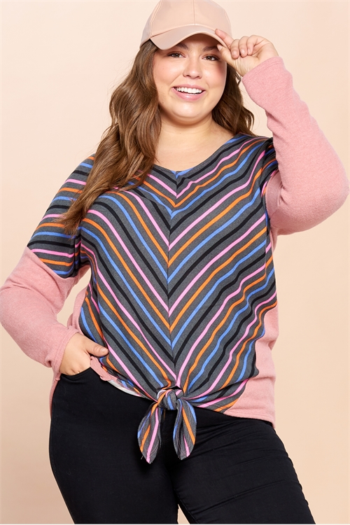 C48-A-2-T63197X-MAUVE CHARCOAL CHEVRON STRIPE RIBBON DETAIL TOP 2-2-2