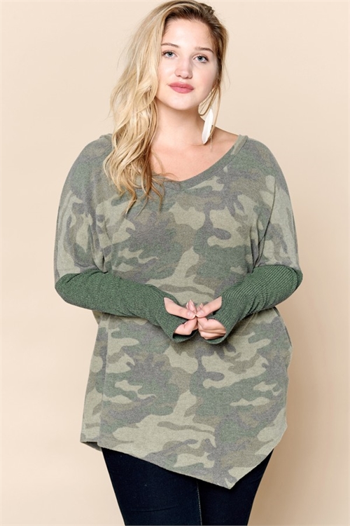 C56-A-3-T62678X-OLIVE TOP PLUS SIZE RIB LONG SLEEVE CAMO TOP 2-2-2