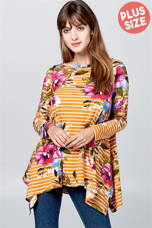 C58-A-1-T62619X-MUSTARD WHITE PLUS SIZE LONG SLEEVE STRIPE FLORAL TOP 2-2-2