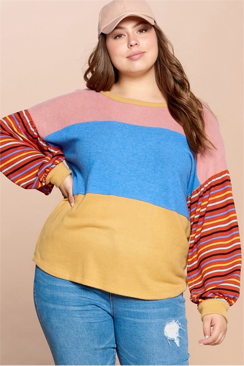 C66-A-1-T63231X-MAUVE PLUS SIZE MULTI-COLOR STRIPE COLOR BLOCK TOP 2-2-2