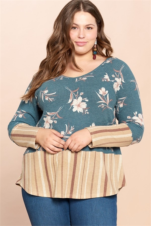 C68-A-2-T63222X-GREEN PLUS SIZE FLORAL STRIPE WAFFLE TOP 2-2-2