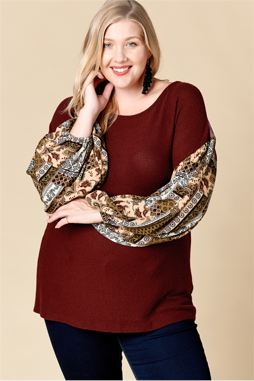 C70-A-3-T62622X-BURGUNDY PLUS SIZE PAISLEY PATTERN SLEEVE KNIT TOP 2-2-2