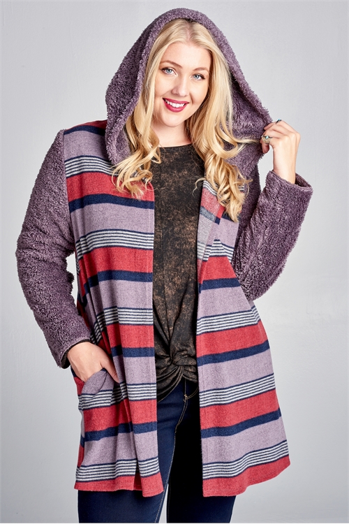 C74-A-2-C61782X-PLUM PLUS SIZE FLEECE CONTRAST MULTI STRIPE HOODIE CARDIGAN 2-2-2