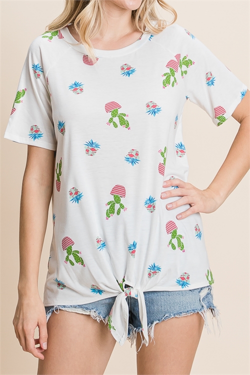 C84-A-2-T1738-IVORY CORAL CACTUS PRINT TOP 2-2-2