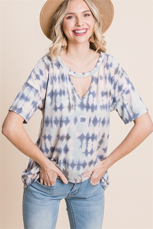 C28-A-1-T2548-BLUE LIGHT PINK KEY HOLE TIE DYE TOP 2-2-2