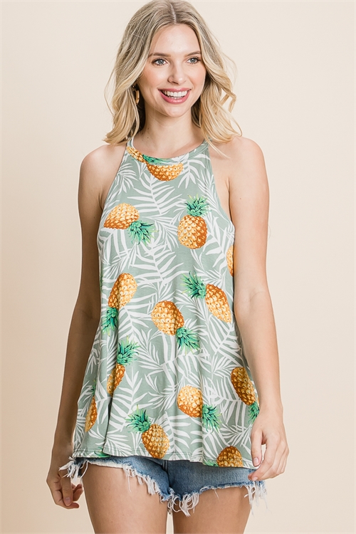 C28-A-2-T2573-SAGE PINEAPPLE PRINT HALTER NECKLINE TANK TOP 2-2-2