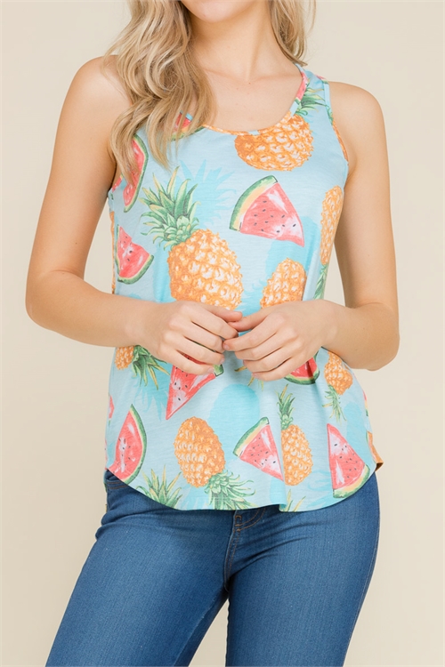 C34-A-1-T1696-CORAL BLUE TROPICAL FRUITS PRINT TANK TOP 2-2-2