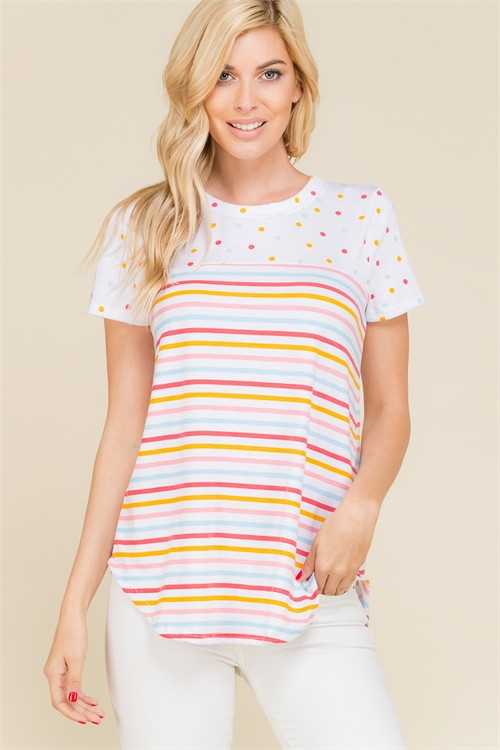 C34-A-3-T1679-WHITE MULTICOLOR POLKA DOT CONTRAST STRIPE TOP 2-2-2