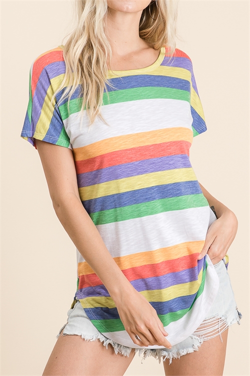 C34-A-2-T2039-YELLOW MULTICOLOR STRIPES SHORT SLEEVE TOP 2-2-2