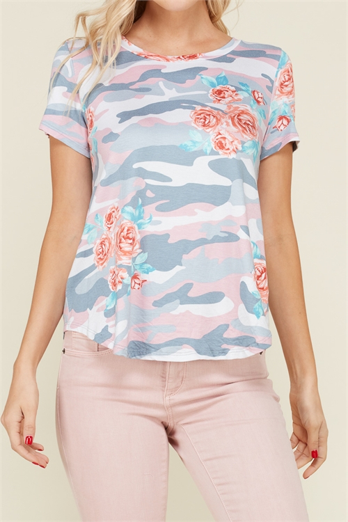 C44-B-2-T1715-PINK GREY FLORAL CAMO SHORT SLEEVE TOP 2-2-2