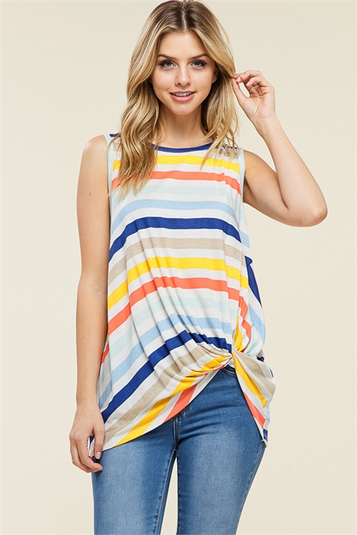C62-A-2-T2055-OATMEAL MULTI STRIPES TWIST FRONT TANK TOP 2-2-2 (NOW $2.00 ONLY!)