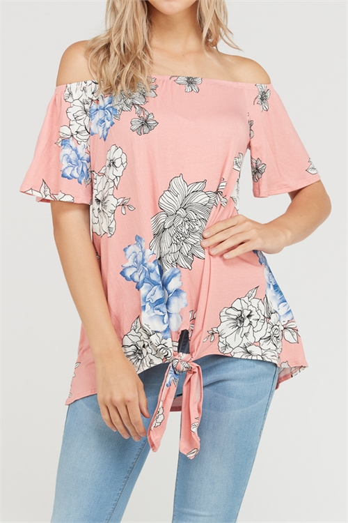 C66-A-1-T1778-BLUSH FLORAL OFF SHOULDER RIBBON TIE TOP 2-2-2