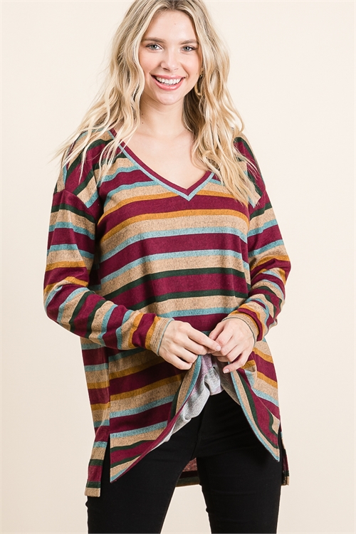 C72-B-1-T2450-BURGUNDY MULTI V-NECK STRIPES TOP 2-2-2