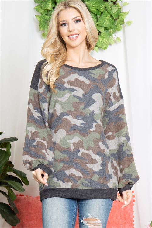 C76-A-2-T2425-OLIVE CAMO PUFF SLEEVE PULLOVER TOP 2-2-2