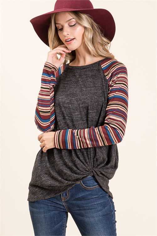 C76-A-2-T2132-CHARCOAL BURGUNDY STRIPE TWO TONED TOP 2-2-2