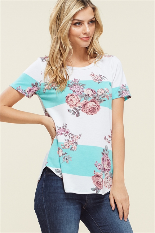 C78-A-2-T1477-MINT IVORY FLORAL BOLD STRIPE SHORT SLEEVE TOP 2-2-2