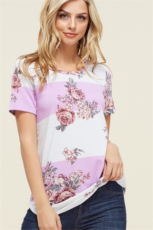 C78-A-2-T1477-LAVENDER IVORY FLORAL BOLD STRIPE SHORT SLEEVE TOP 2-2-2