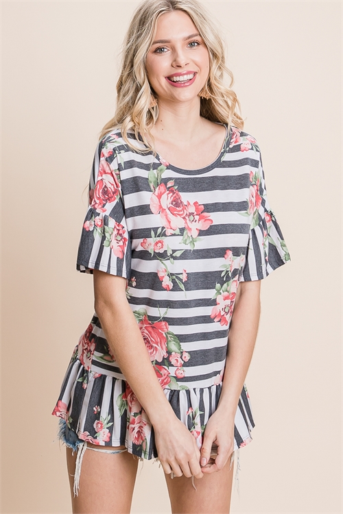 C84-A-1-T1697-BLACK FLORAL STRIPE BELL SLEEVE TOP 2-2-2 (NOW $2.75 ONLY!)