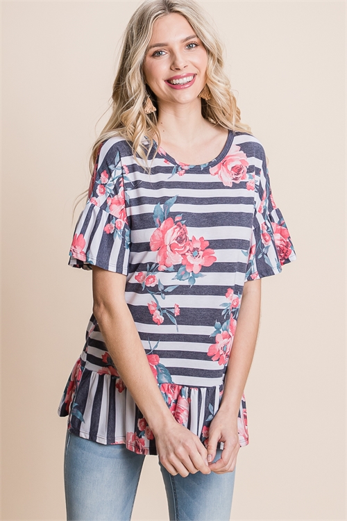 C84-A-3-T1697-NAVY FLORAL STRIPE BELL SLEEVE TOP 2-2-2 (NOW $2.75 ONLY!)