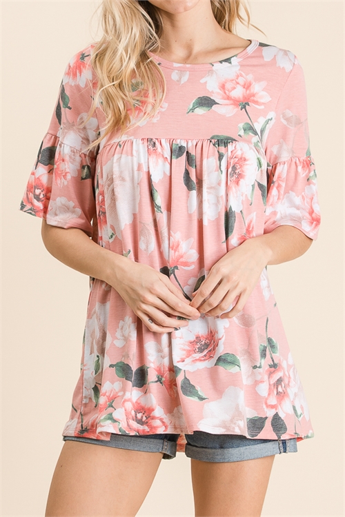 C8-A-2-T2009-BLUSH FLORAL ROUND NECK PLEATED FLORAL TOP 2-2-2 (NOW $3.25 ONLY!)