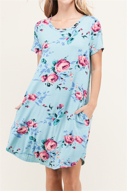 C8-A-2-D7330-MINT FLORAL ROUND NECK ABOVE KNEE DRESS 2-2-2