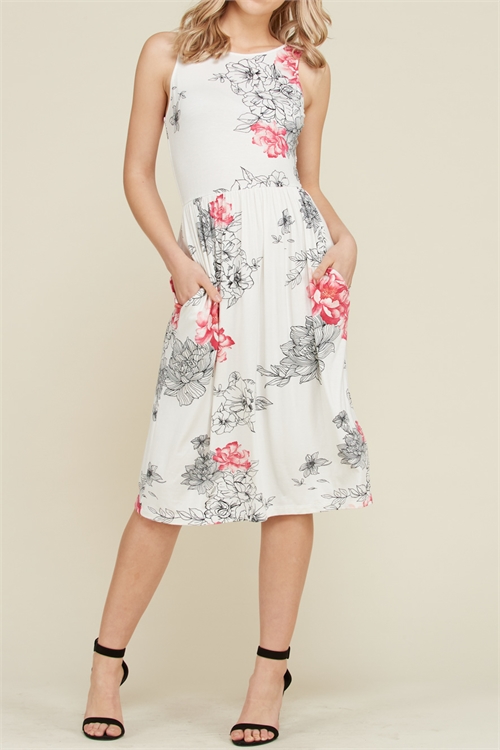 C8-A-3-D7489-IVORY FLORAL CINCH WAIST SLEEVELESS DRESS 2-2-2 (NOW $3.00 ONLY!)