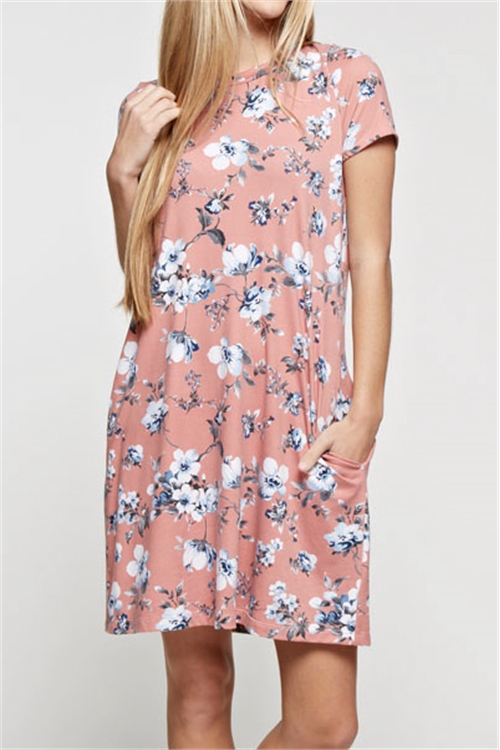 C12-A-1-D7329-MAUVE FLORAL SHORT SLEEVE ABOVE KNEE DRESS 2-2-2 (NOW $3.00 ONLY!)