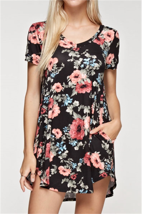 C12-A-1-D7230-BLACK FLORAL SHORT SLEEVE MINI DRESS 1-2-2  (NOW $3.00 ONLY!)