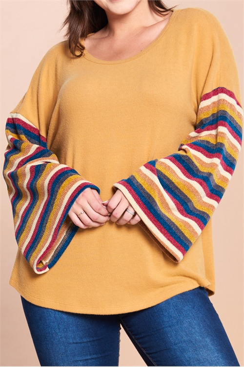 S14-7-1-T63191X-MUSTARD PLUS SIZE STRIPE LONG SLEEVE SOLID TOP 2-2-2 (NOW $4.00 ONLY!)