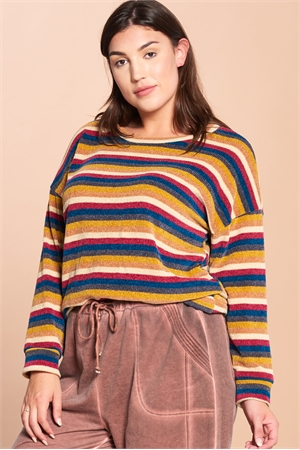 S13-6-1-T63189X-BURGUNDY PLUS SIZE MULTI STRIPE KNITTED TOP 2-2-2 (NOW $3.00 ONLY!)