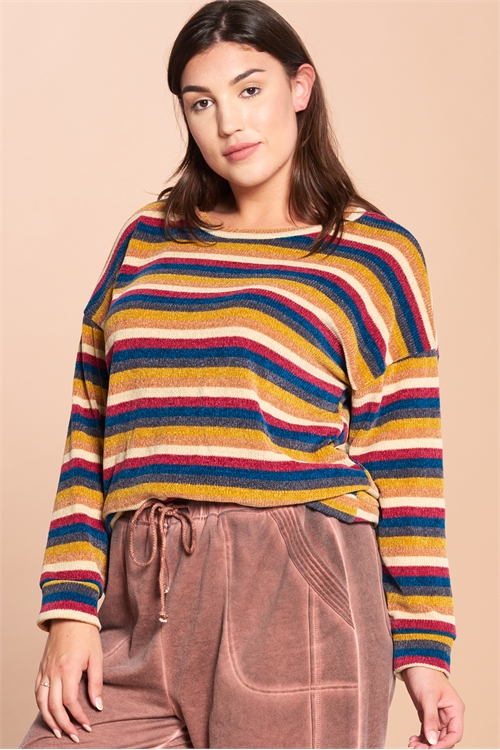 S13-6-1-T63189X-BURGUNDY PLUS SIZE MULTI STRIPE KNITTED TOP 2-2-2 (NOW $3.00 ONLY!)