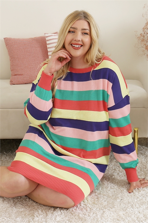 S13-8-1-D12948X-MULTI COLOR PLUS SIZE STRIPE LONG SLEEVE DRESS 3-3 (NOW $6.75 ONLY!)