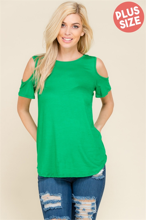 C52-A-1-T1675X-KELLY GREEN PLUS SIZE SHORT SLEEVE COLD SHOULDER TOP 0-0-2