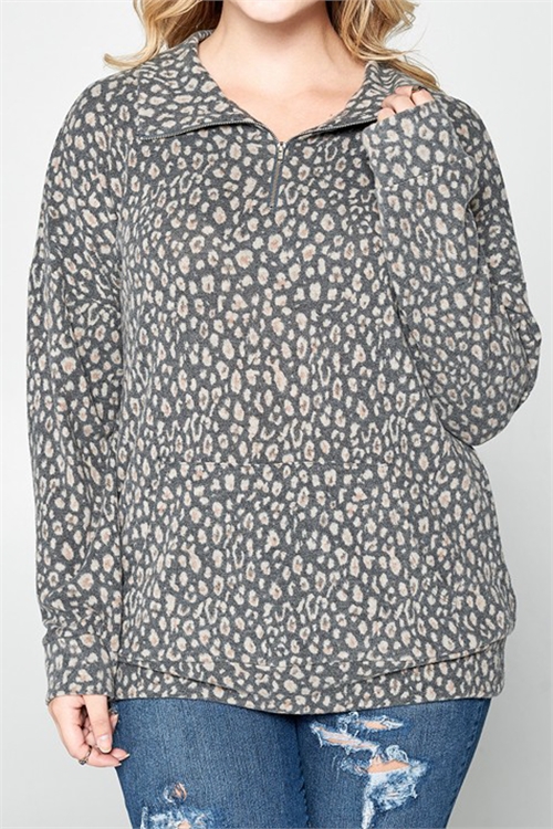 C66-A-3-T62615X-GREY PLUS SIZE LONG SLEEVE ANIMAL PRINT TOP 2-2-2