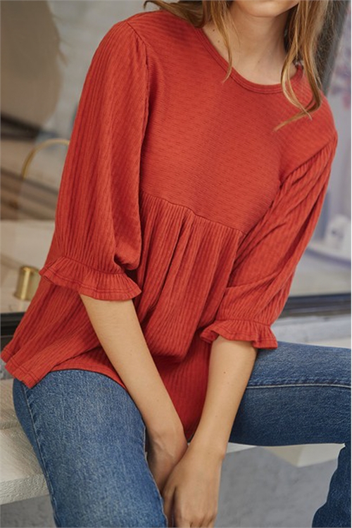 S8-3-2-T10835-RUST 3/4 RUFFLE SLEEVE TEXTURED TOP 2-2-2