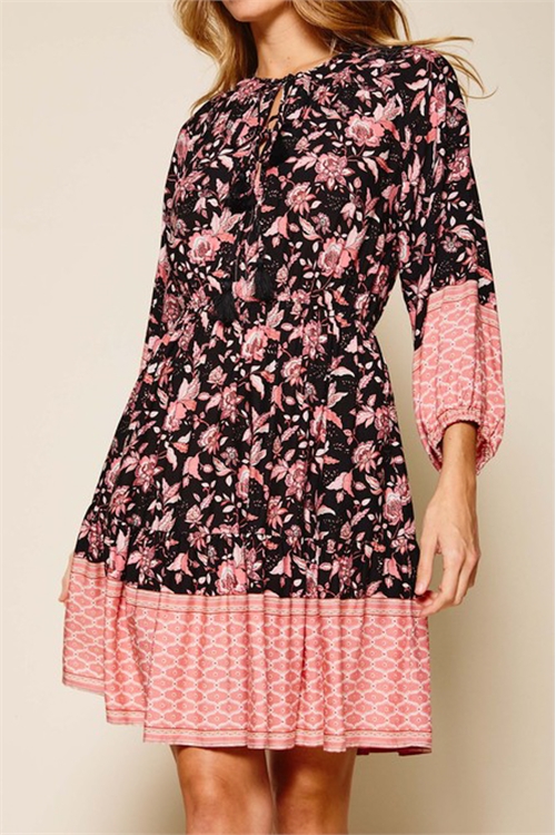 S9-5-2-D15995-BLACK 3/4 FLORAL PRINTED RIBBON NECKLINE DRESS 2-2-2 (NOW $ 3.00 ONLY!)