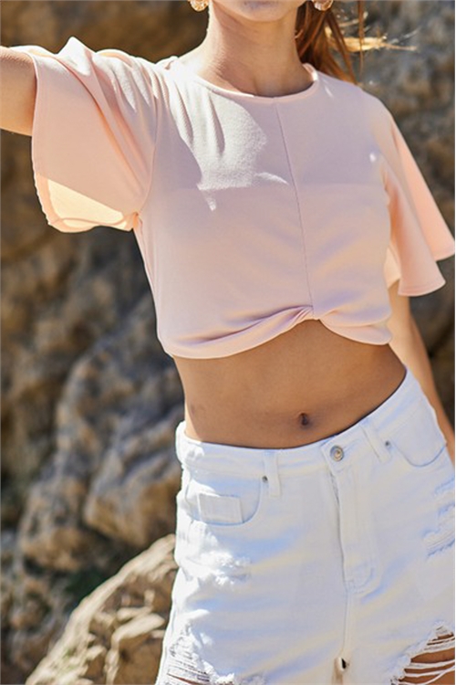 S11-15-2-T11367-LIGHT PEACH RUFFLE SHORT SLEEVE CROP TOP 2-2-2 (NOW $4.50 ONLY!)