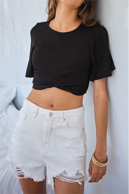 S11-15-2-T11367-BLACK PEACH RUFFLE SHORT SLEEVE CROP TOP 2-2-2 (NOW $4.50 ONLY!)