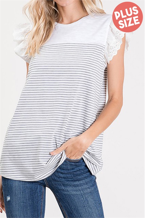 C72-A-2-T2969X-GREY IVORY LACE SHORT SLEEVE STRIPE TOP 3-2-1
