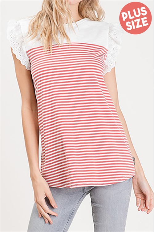 C78-A-1-T2969X-CORAL IVORY LACE SHORT SLEEVE STRIPE TOP 2-2-1