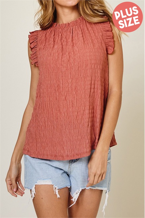 S12-1-3-T3612X-RUST RUFFLE SLEEVELESS TOP 3-2-1