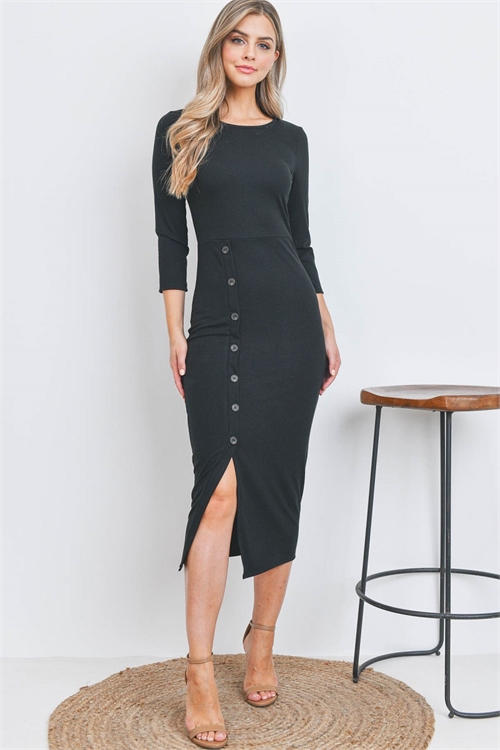 S12-2-2-AD4915-BLACK ROUND NECK BUTTON FRONT RIB MIDI DRESS 1-2-2-1