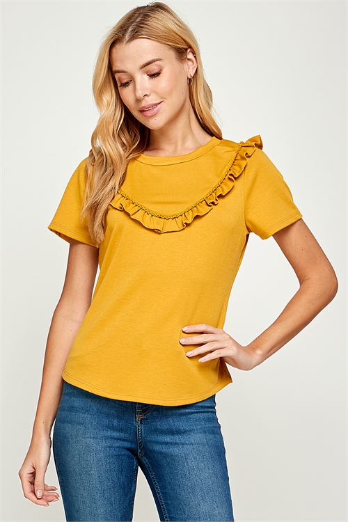 C36-B-2-T6842-MUSTARD SHORT SLEEVE RUFFLE DETAIL TOP 2-2-2