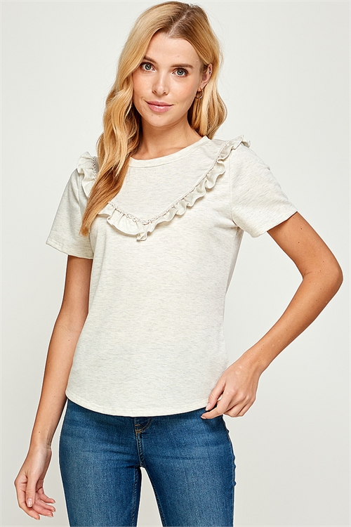 C36-B-2-T6842-OATMEAL SHORT SLEEVE RUFFLE DETAIL TOP 2-2-2