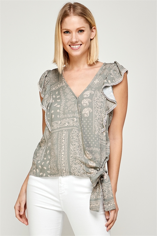 C38-A-1-T4080-LIGHT OLIVE PAISLEY POMPOM RUFFLE SLEEVE TOP 2-2-2