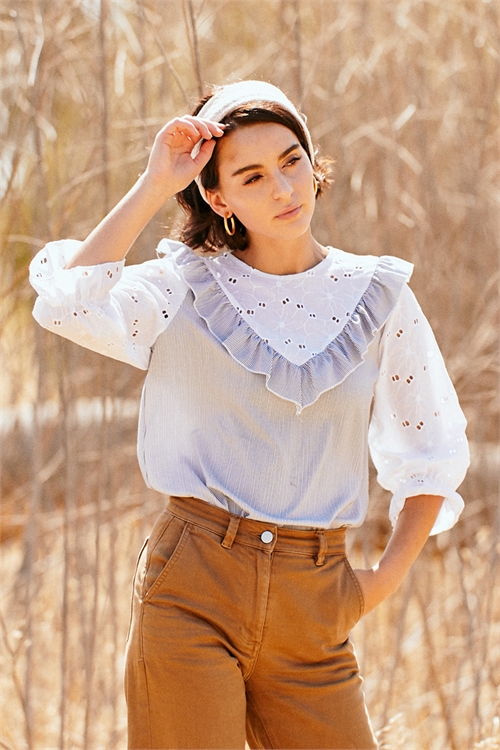 C44-B-1-T4298-NAVY WHITE CHEVRON RUFFLE DETAIL QUARTER SLEEVE TOP 2-2-2 (NOW $2.75 ONLY!)